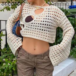 Suits Y2k Hollow Out Cropped Knit Smock Top Women Vintage Loose Distressed Crochet Pullovers Crop Tops Fairy Grunge Sweater Coverup