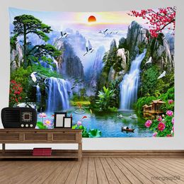 Tapestries Nature Landscape Tapestry High Mountain With Waterfall Birds Sunset Flower Wall Hanging for Home Wall Decoration Sheet Blanket R230710