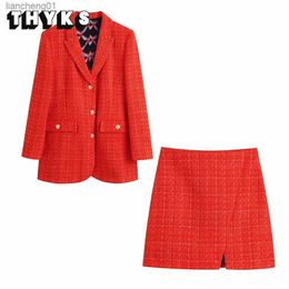 Tweed Jacket and Skirt Set 2 Piece Women Chic Red Plaid Blazer Office Wear Coat Elegant Hight Waist Skirt Suit Traf 2022 Spring L230619