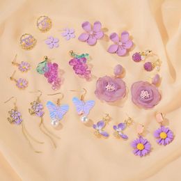 Dangle Earrings Ins Style Purple Sweet Girl Cute Fashion Daisy Flowers Long Drop Chic Party Jewellery Gift