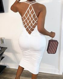 Casual Dresses Women Summer White Dress Midi Party Club Sexy Solid Colour Fishnet Backless Sleeveless Bodycon