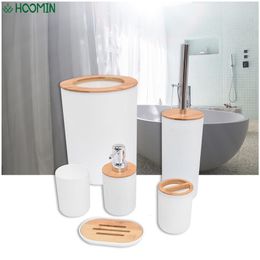 Toothbrush Holders Trash Can Bamboo Plastic Lotion bottle 6Pcs Set Soap Dispenser Box Toilet Brush Bathroom Storage Set Cup Holder 230710