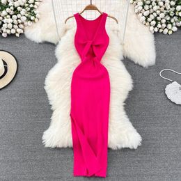 Casual Dresses Summer Two Sides Wear Elastic Slim Thin Sleeveless Knitted Dress Women Hollow Out Tank Long