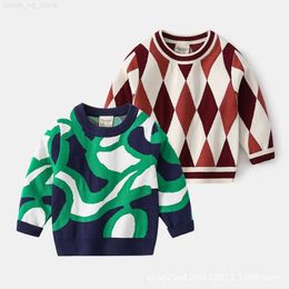 Pullover 2021 Autumn Boy Retro Rhombus Geometric Pullover Round Neck Casual Fashion Warm College Style Ströja Y1024 L230710