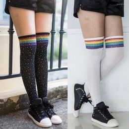 Women Socks Stockings Rainbow Rhinestone Thigh High Over The Knee Sparkle Warm Soft Winter Calcetines De La Mujer