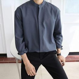 Trench 2023 New Silk Senior Sexy Dark Blue Shirt for Men Solid Color Long Sleeve Standup Collar Loose Business Casual Ironfree Shirt