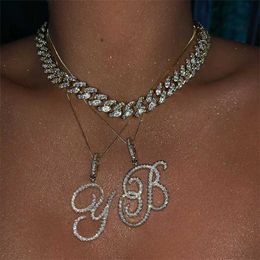 Pendant Necklaces Fashion 26 Cursive Initial Letter Zircon Necklace for Women Shiny Crystal Alphabet Rope Chain Hip Hop Jewellery 230613