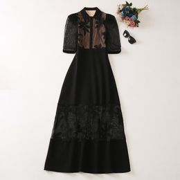 European and American women's dress 2023 summer new style Five-quarter sleeve lapel fashion Embroidered black dress XXL