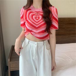 Women's Sweaters Fashion Knitted Tops Women Korean Style Summer Short Sleeve Love Shape Cute Jumper Spicy Girl Round Neck Sexy Crop Pullover