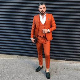 Orange Slim Fit Mens Prom Suits One Button Peaked Lapel Wedding Suits For Men Tuxedos Three Pieces Blazers Jacket Pants Vest