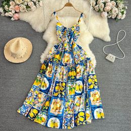 Casual Dresses Beach Style Print Sleeveless Straps V-neck High Waist Vocation Holiday Women Mini Dress