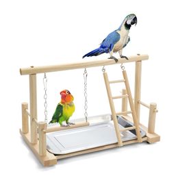 Parrots Playground Bird Perch Play Gym Parrot playstand Wooden Play Stand with Feeder Cups Ladder Swings Exercise Toys for Parakeets Cockatiel Lovebirds Budgie