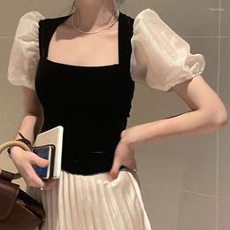 Women's Blouses Korean Chic Hit Colour Square Collar Femme Summer Organza Puff Short Sleeve Blusas Mujer Fashion Elegant Shirts Tops