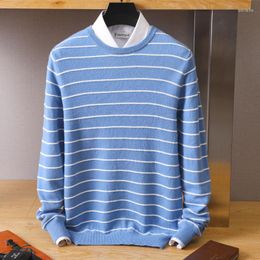 Men's Sweaters Pure Wool Sweater Men Crew Neck Pullover Casual Fashion Stripe Top Knit Loose Jacket DJGF2207