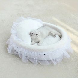 Princess Cat Bed Soft Lace Pet Sleeping Bed For Cats Kitten Puppy Sofa Warm Round Pet Nest Four Seasons Universal Semi-Enclosed Cat Nest