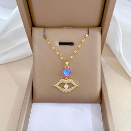 Pendant Necklaces Stainless Steel Gold Colour Zircon Lip Heart Chain Necklace For Women Party Fashion Jewellery Gift