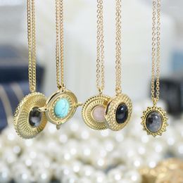 Pendant Necklaces Vintage Natural Stone Necklace For Women Textured Flower Stainless Steel Waterproof Jewellery Gift 2023