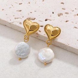 Dangle Earrings Elegant Gold Plated Stainless Steel Hammered Love Heart For Women Natural Pearl Flat Bead Drop Fashion Jewellery