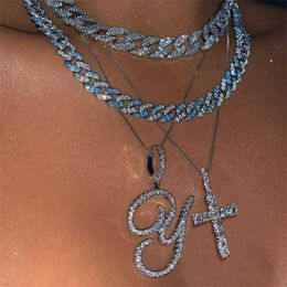 Pendant Necklaces New a z Cursive Letter Initial Cz Necklace for Women Bling Rhinestone Alphabet Metal Rope Chain Fashion Jewellery 230613