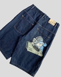Mens Shorts Harajuku Hip Hop High Street Fashion Vintage Anime Embroidery Loose Knee Pants Summer Punk Rock Wash Denim for Men 230710