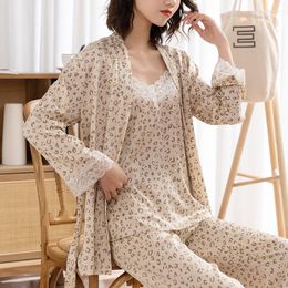 Women's Sleepwear Long Sleeve Kimono Bathrobe Gown Sexy Lace Leopard Print 3Pcs For Women Strap&pants Robe Pajamas Loungewear Robes Set