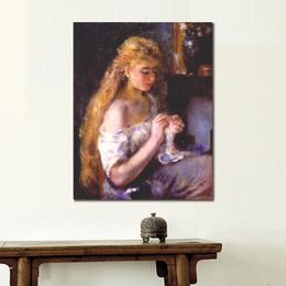 Figure Canvas Art Women Girl Crocheting Pierre Auguste Renoir Paintings Handmade Modern Artwork House Decor