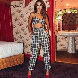 Women's Tracksuits Summer Plaid Sexy Metal Ring Hollow Out Camisole Tops Two Piece Suit Women Fashion Straight Trousers Matching Sets