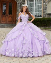 Lilac Lavender Cold Shoulder Quinceanera Dresses Butterfly Princess Applique Corset Chapel Train Vestidos de 15 anos