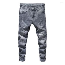 Men's Jeans Mens Ripped Skinny Gray Elasticity High Street Wear Light Hip Hop Frayed Homme Patchwork Biker Male Denim Pants