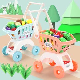 Kitchens Play Food 18Pcs Shopping Trolley Cart Supermarket Trolley Push Car Toys Basket Mini Simulation Fruit Food Pretend Play Toy for Children 230710