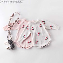 Rompers Spring Knitted Baby Bodysuit Cherry Print Newborn Baby Clothing Cotton Knitted Sweater Toddler Baby Bodysuit Z230711