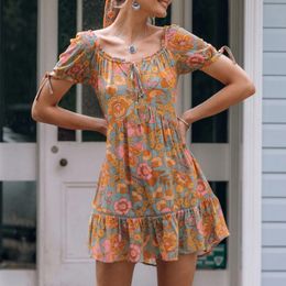 Basic Casual Dresses AYUALIN beach boho orange foral print mini dresses women short puff sleeve vintage cotton summer dress vestidos a line robe 230710