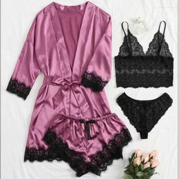 Women's Sleepwear 2023 Pyjamas 4-piece Set Suspender Loungewear Lace Imitation Silk Nightgown Satin Dress For Women