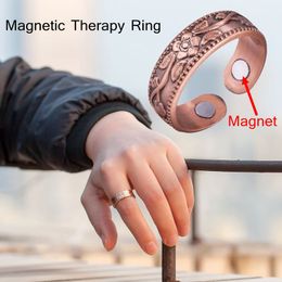 Vintage Flower Copper Colour Rings Magnetic Adjustable Open Cuff Ring Keep Slim Health Care Jewellery Rings for Women Men Arthritis