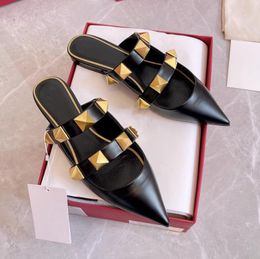 2023 brand new fashion pointed toe high heels leather Baotou flat slippers pointed toe stiletto rivet sandals single shoes