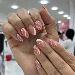 False Nails Champagne Super Glitter Powder Ripple Almond Nail Full Cover Finished Star Fake Art Glue Easy To Wear Charming Woman