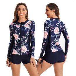 Women's Swimwear Women Long Sleeve 2pcs Rash Guard Sun UV Protection Zip Front Swimsuit Shirt/Shorts Printed Surfing Swimming Tops Bottoms