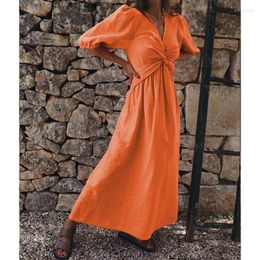 Casual Dresses Short Sleeve V Neck High Waist Folds Bohemian Long Dress Streetwear Summer Women Elegant Cotton Linen Vacation