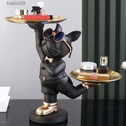 Decorative Objects Figurines Resin Dog Statue French Bulldog Figurine Sculptures Modern Desk Decor Storage with 2 Trays Office Home Living Room Decoration T230710