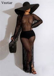 Casual Dresses Vsstiar Sexy Hollow Out Crochet Knitted Women Long Dress Fashion Tassel See Through Beachwear Cover Ups Party Club Outfits