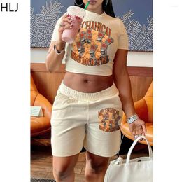 Women's Tracksuits HLJ Khaki Women Pattern Print Two Piece Sets Round Neck Short Sleeve Crop Top And Shorts Casual 2pcs Outfits