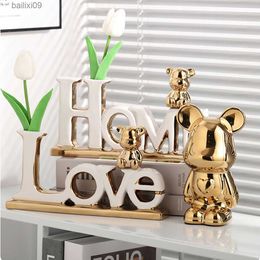 Decorative Objects Figurines Decorative 3D English Letters Figurine With Artificial Flowers and Mini Bear Figurine For Home Living Room Luxury Decoration T230710