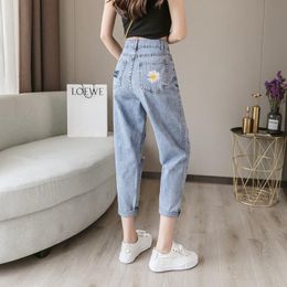 Women High Waist Straight Leg Pants Thin BF Tide Loose Cropped Trousers 2023 Streetwear Summer Embroidered Daisy Ripped