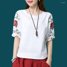 Women's Blouses Ethnic Vintage White Floral Embroidered For Women Loose Lantern Sleeve Shirt Embroidery Cotton Linen Top Casual Blusas