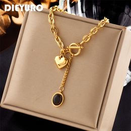 Strands Strings DIEYURO 316L Stainless Steel Heart Black Stone Pendant Necklace For Women Trend Girls OT Buckle Chain Jewellery Festive Gifts 230710