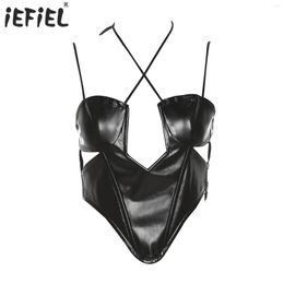 Women's Tanks Womens Cutout PU Leather Camisole Tops Halter Self-Tie Asymmetrical Hem Crop Top Vest Rave Party Clubwear For Pole Dancing