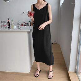 Casual Dresses Summer Black Chiffon Women Tank Mid Calf Dress French Fashion Simple Harajuku Inside Long Skirts Daily Dating Work Travel