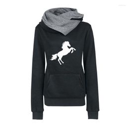 Women's Hoodies Cartoon Horse Jump Print Sweatshirt For Female Femmes Autumn Animal Lover Gift Pockets Buckle Cropped Casual Women Tops