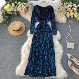 Casual Dresses Vintage Slim V Neck Sexy Spring Sequined Maxi Long Dress Autumn Tie Party Women Club Evening Elegant Tunic