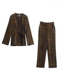 Women's Two Piece Pants Sets Women Outfits Waist Tie Blouse Tops And Trousers Loose Co Ord Set Pyjama Style Vintage Striped